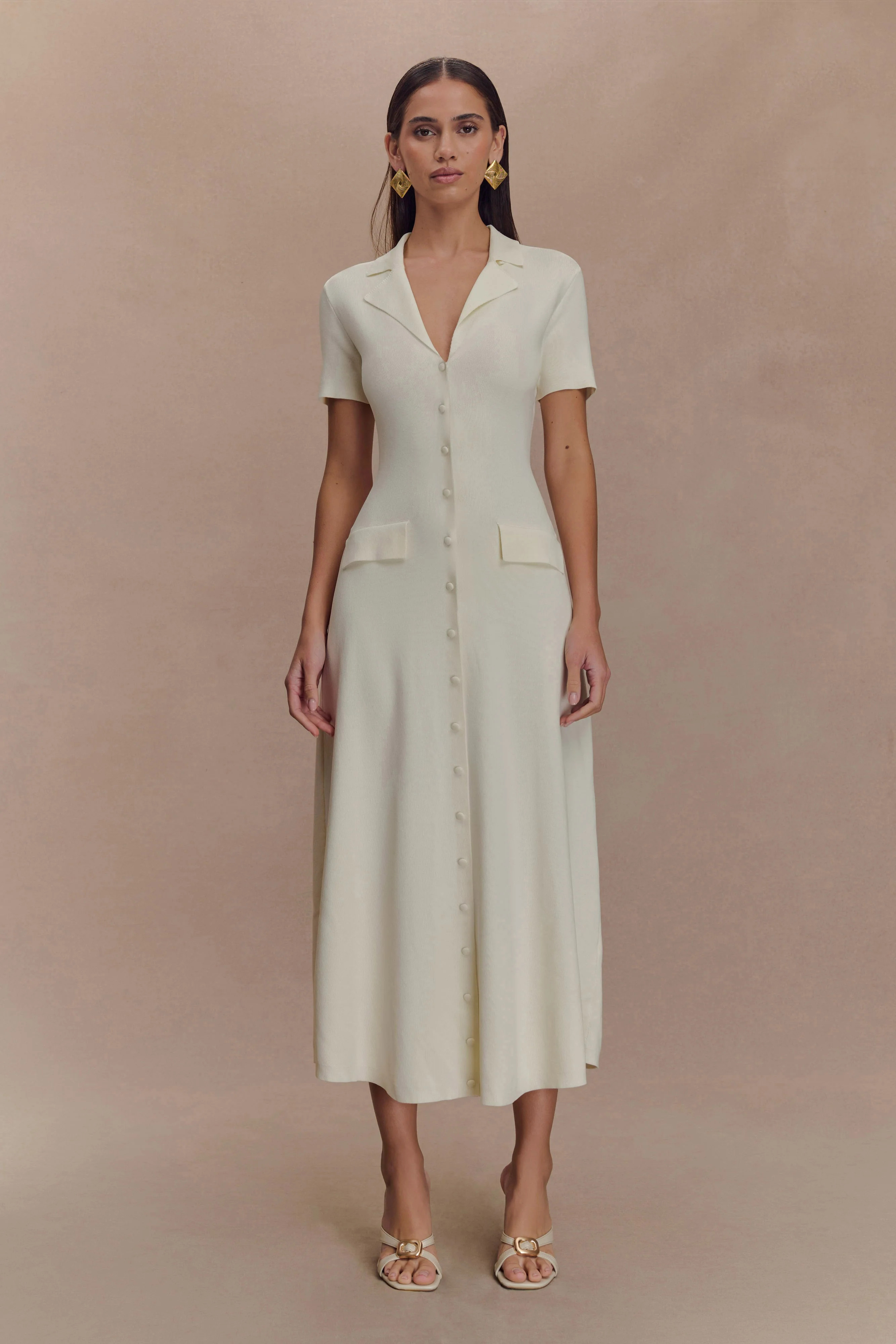 Pearson Short Sleeve Knit Midi Dress - Ivory | MESHKI US