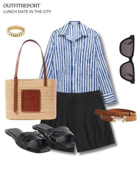 Blue striped shirt black linen shorts black sandals brown belt and handbag 

#LTKbag #LTKstyletip #LTKshoes