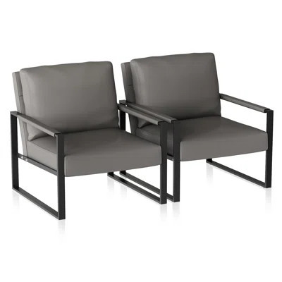 Faux Leather Upholstered Accent Armchair Set Of 2, Mid Century Modern Side Chairs With Metal Legs And Thick Padded Backrest, Leisure Chairs, Vanity Ch | Wayfair North America