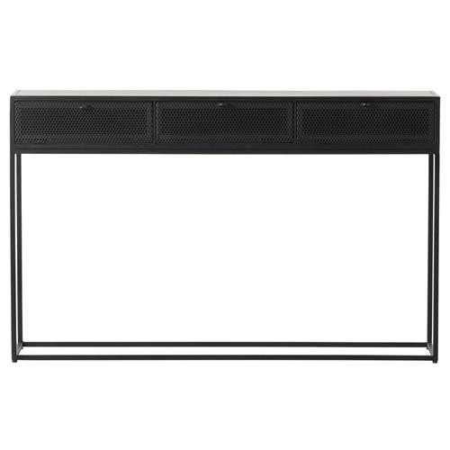 Emma Industrial Loft Black Perforated Front 3 Drawer Iron Console Table | Kathy Kuo Home