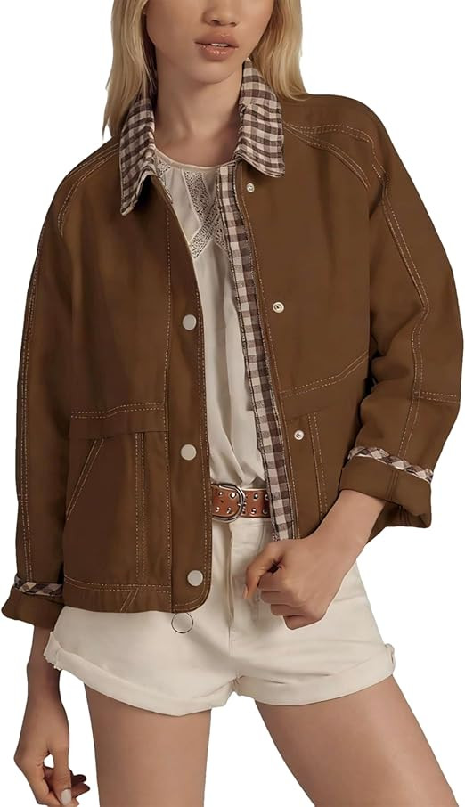 Aimiray Women's Barn Cropped Jacket Windproof Casual Plaid Bomber Jacket Spring Cotton Coats with... | Amazon (US)