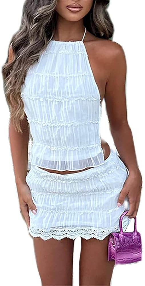 Y2k Mini Skirt Sets for Women Beach Vacation Lace Skirt and Backless Halter Tie Crop Tops Going O... | Amazon (US)