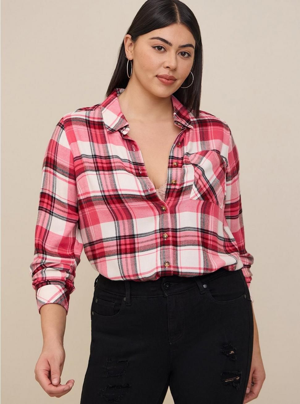 Lizzie Brushed Rayon Acrylic Button-Down Long Sleeve Shirt | Torrid (US & Canada)