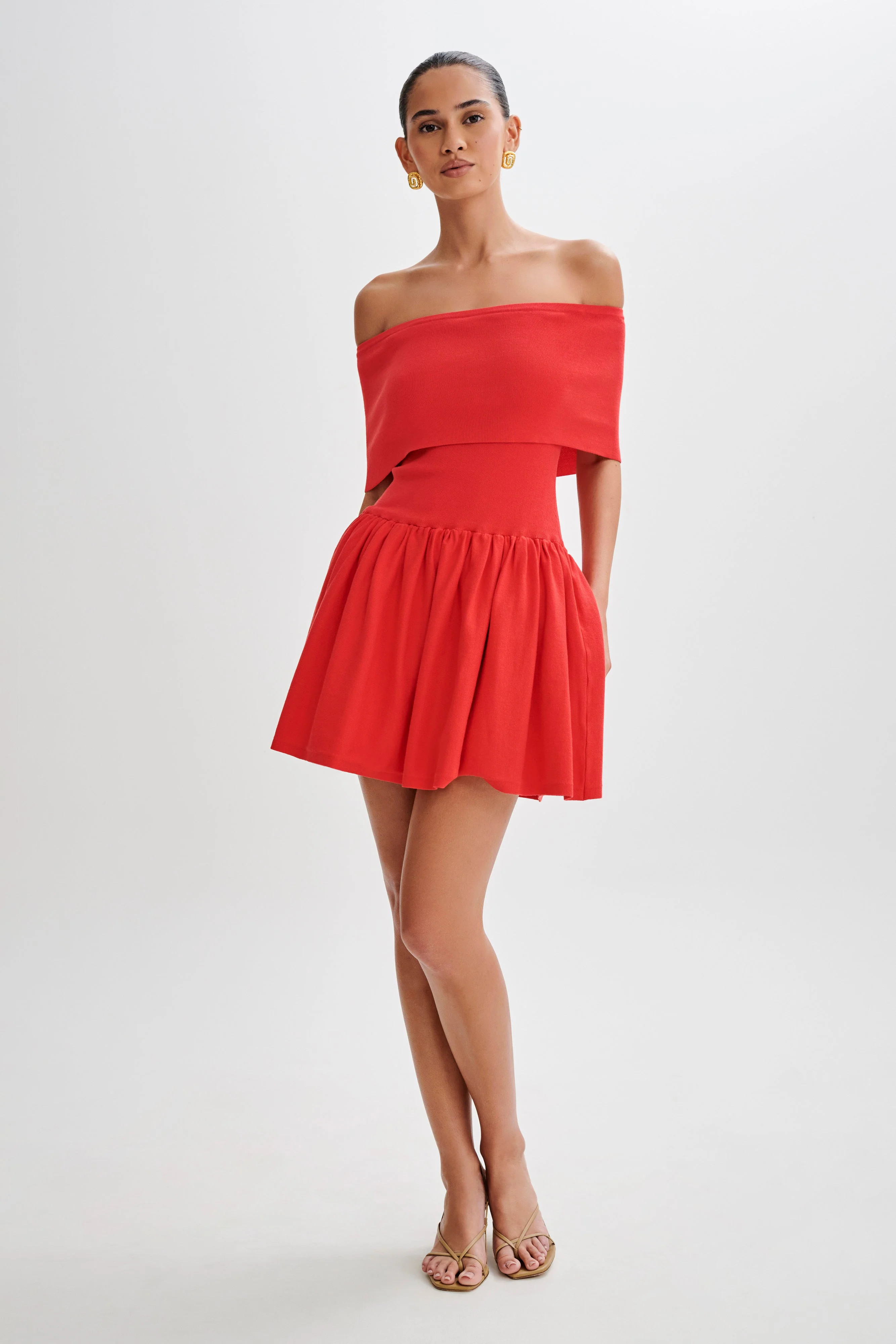Lydia Off Shoulder Knit Mini Dress - Red | MESHKI US