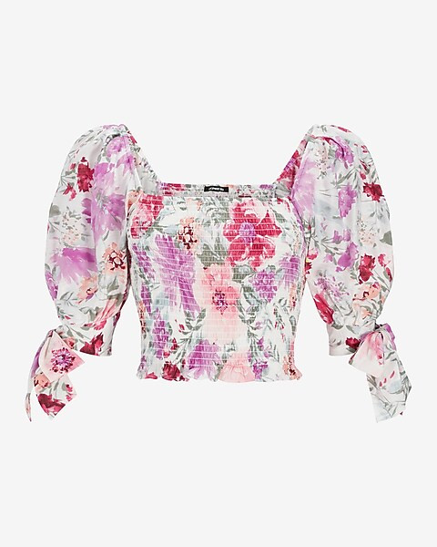 Floral Square Neck Smocked Top | Express