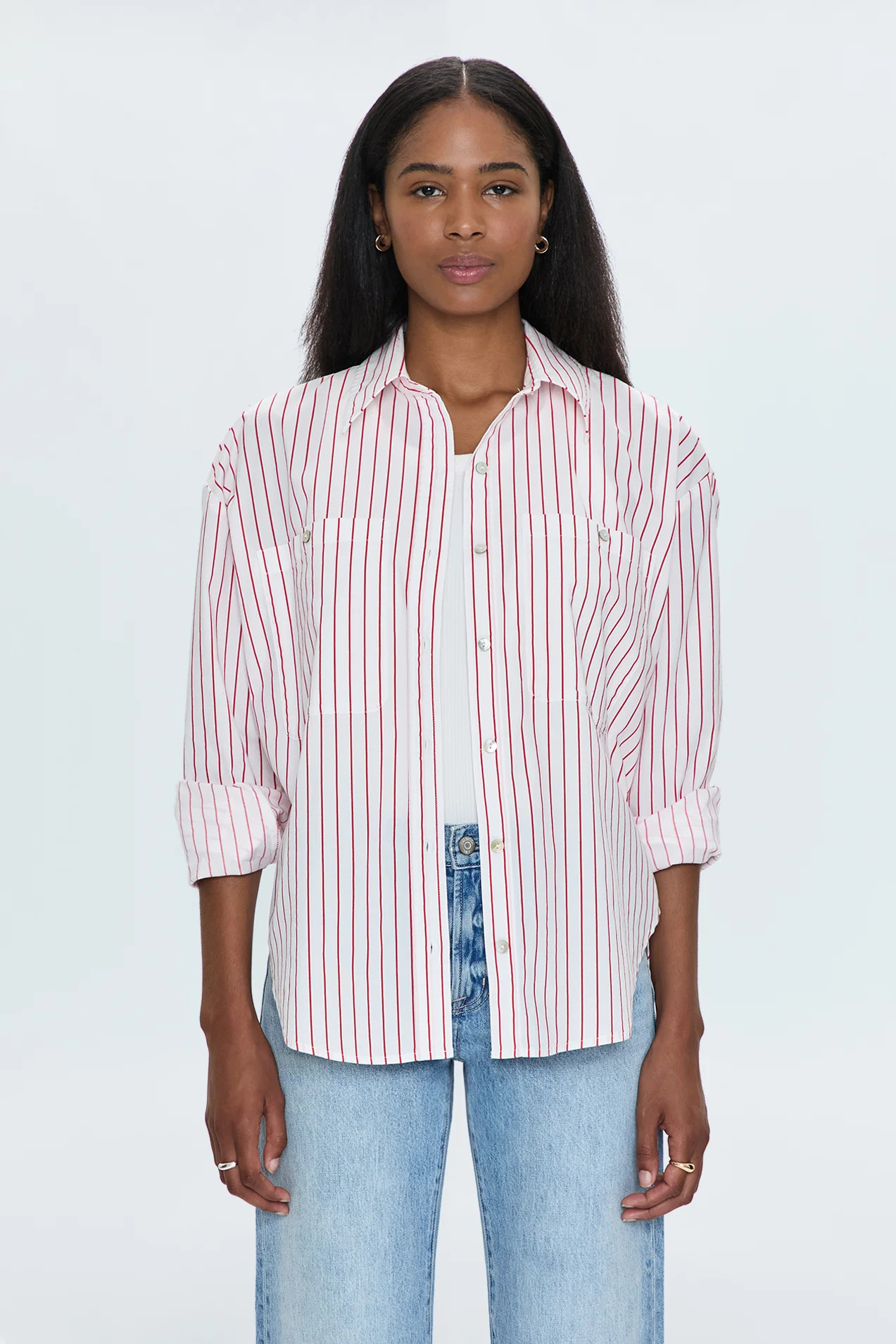 Samantha Oversized Button Up Shirt - Ruby Stripe | Pistola Denim