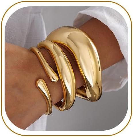 Chunky Gold Bangle Bracelets for Women, 14k Gold Plated Trendy Stackable Bangles Set, Dainty Cuff... | Amazon (US)