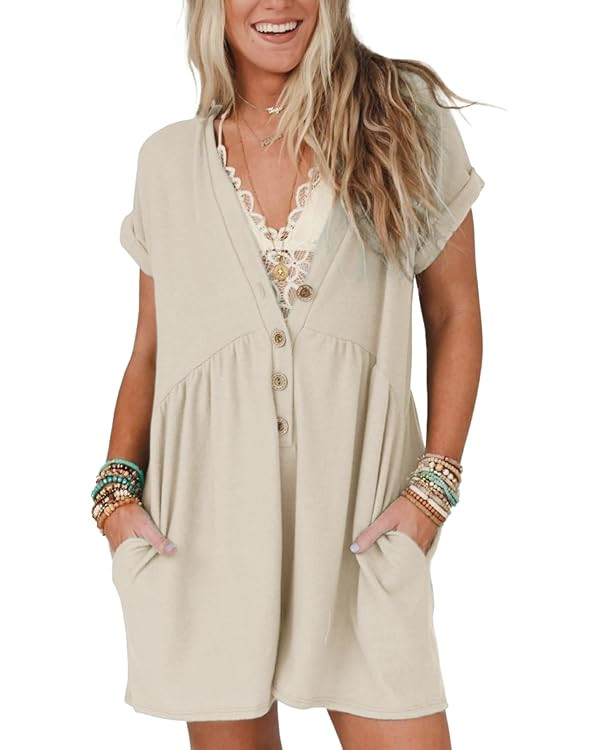 Glamaker Women's Summer Short Sleeve Romper Casual V Neck Wide Leg Short Jumpsuit Button Beach Ro... | Amazon (US)