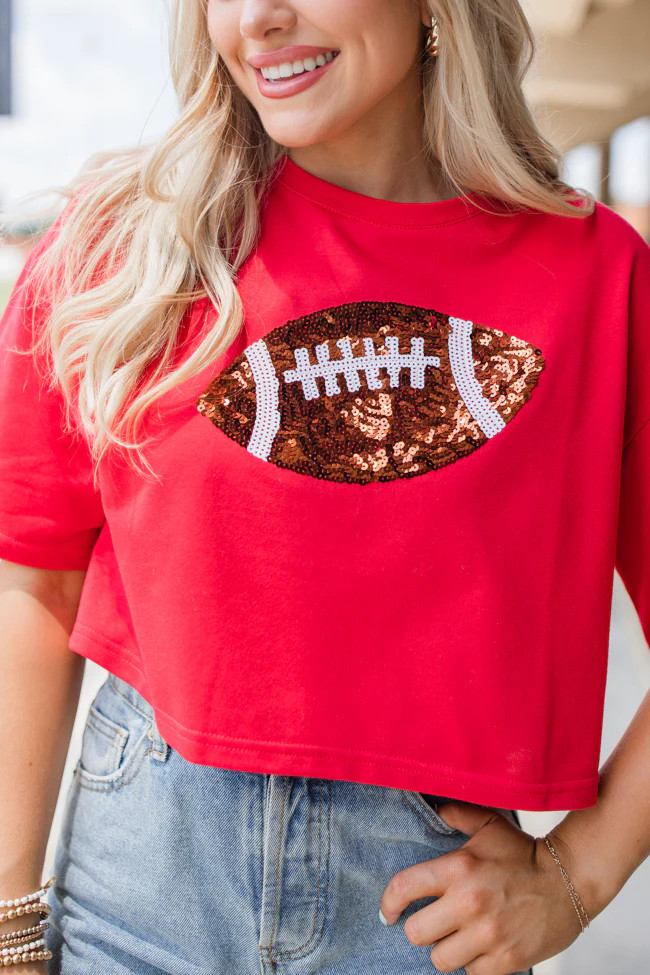 End Zone Elegance Red Football Sequin Tee | Pink Lily