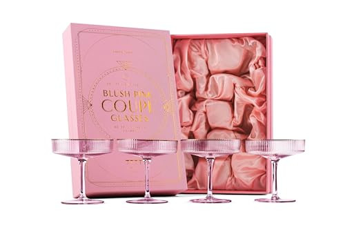 GLASSIQUE CADEAU Vintage Art Deco Blush Pink Coupe Glasses with Gold Rims | Set of 4 | 7 oz Crystal Ribbed Cocktail Glassware for Drinking Champagne, Martini, Cosmopolitan | Girly Speakeasy Saucers | Amazon (US)
