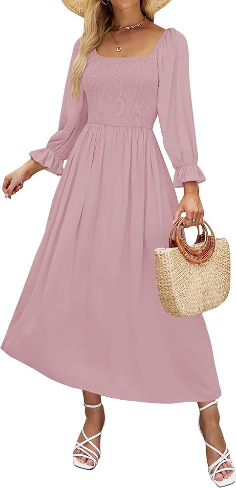 ZESICA Women's Casual Square Neck 3/4 Puff Sleeve Solid Color Smocked High Waist Flowy Midi Dress | Amazon (US)