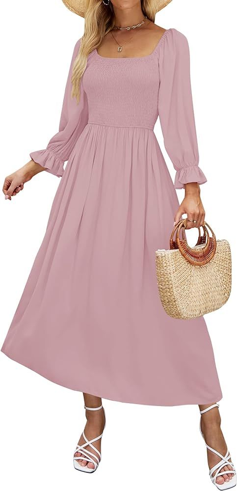 ZESICA Women's Casual Square Neck 3/4 Puff Sleeve Solid Color Smocked High Waist Flowy Midi Dress | Amazon (US)
