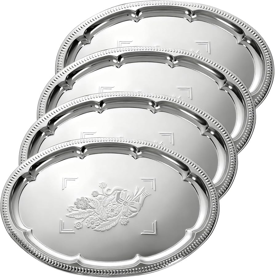 4 Pcs Large Silver Serving Trays, 15.7" x 11.8" Stainless Steel Oval Serving Tray, Decorative Sil... | Amazon (US)