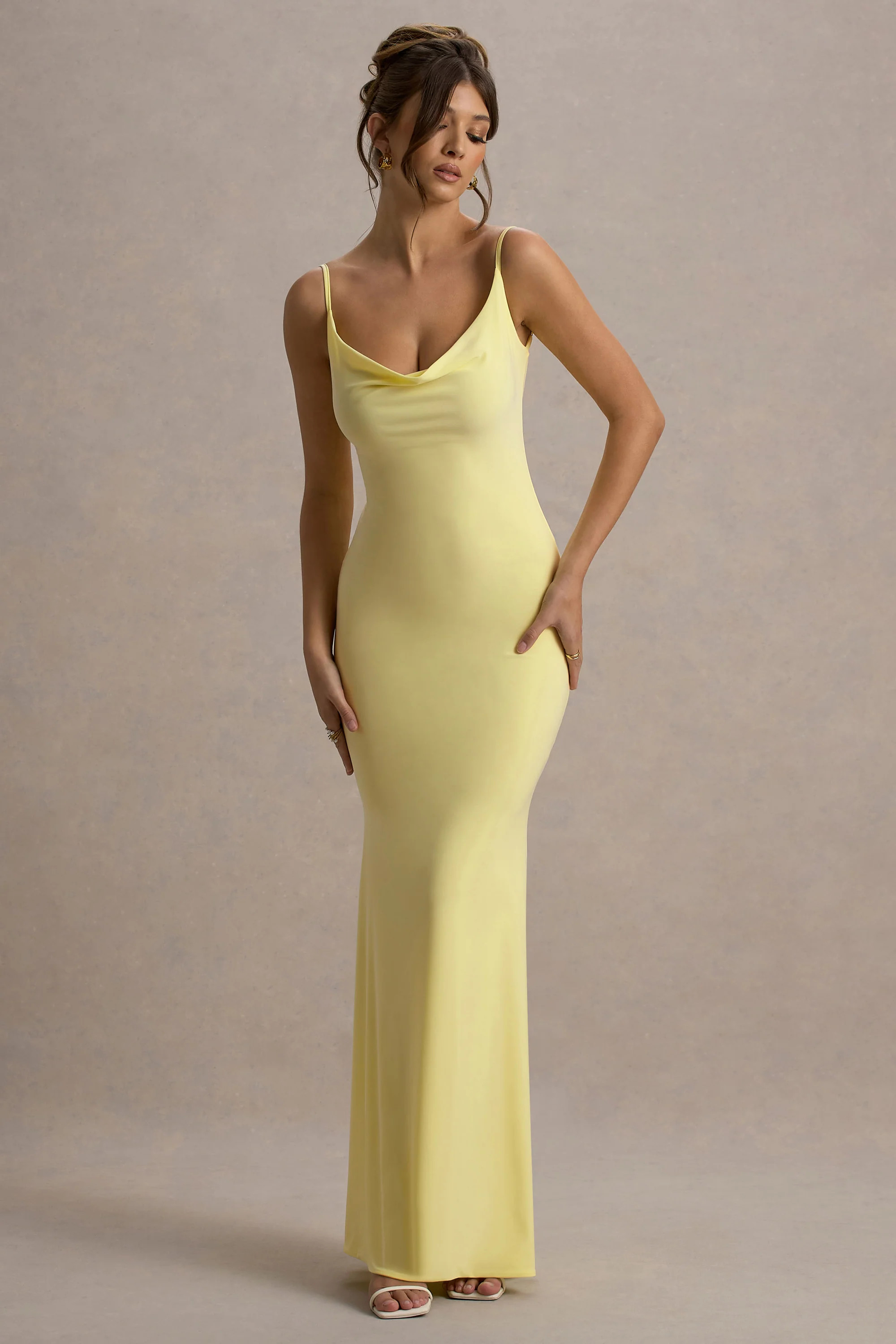 Francoise | Lemon Cowl Neck Backless Maxi Dress With Lace Insert | Club L London