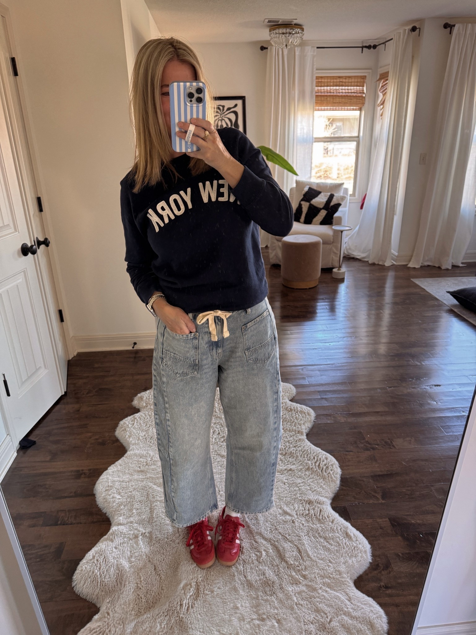 Mom outfit, everyday outfit, casual outfit, sweatshirt and jeans, barrel jeans with tie, sambas  

#LTKOver40 #LTKootd #LTKdayinmylife