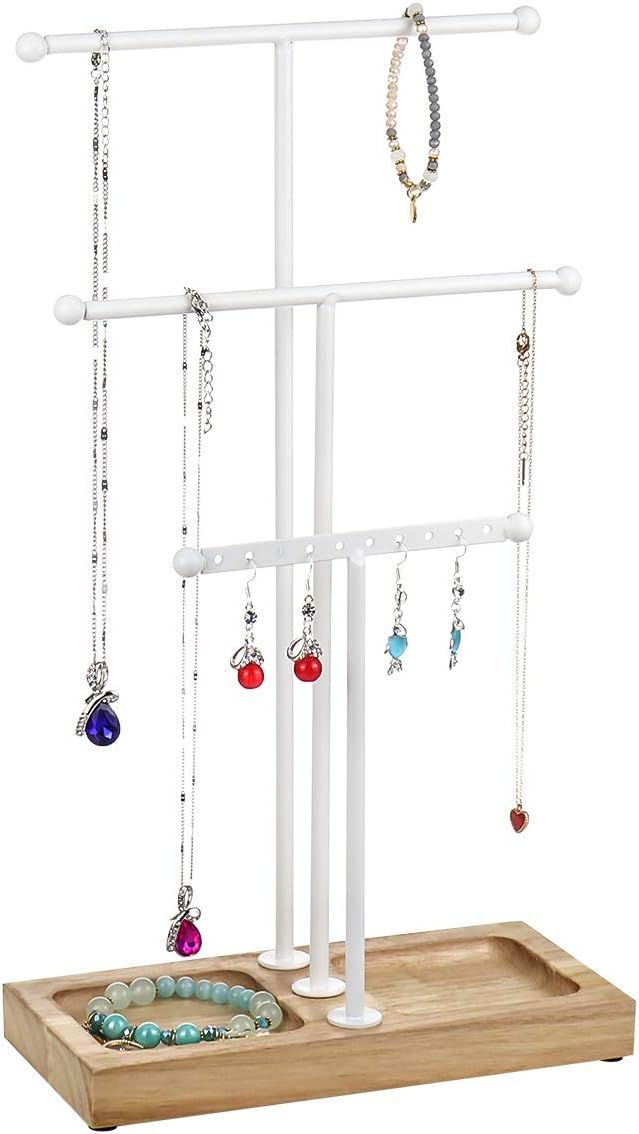 MORIGEM 3 Tier T-bar Jewelry Stand, Multifunctional Jewelry Organizer with Solid Wood Tray for Br... | Amazon (US)