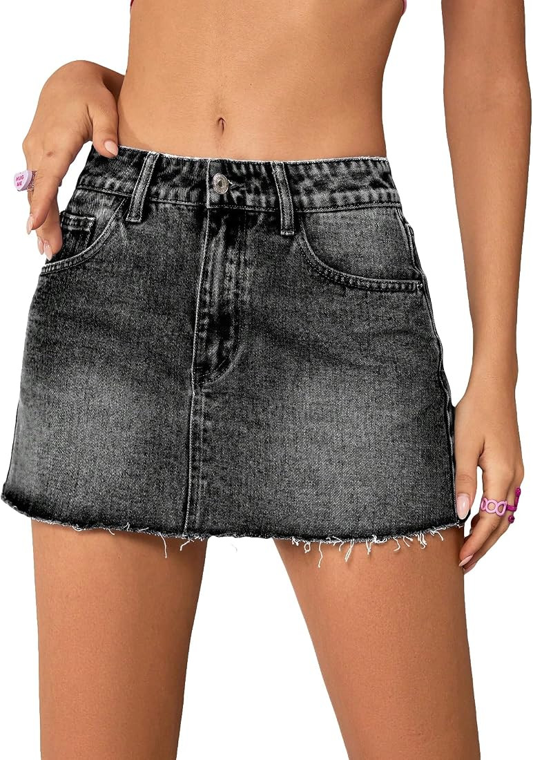 Milumia Women's Button Front Denim Mini Skirt Raw Hem Straight Short Skirt with Pockets | Amazon (US)