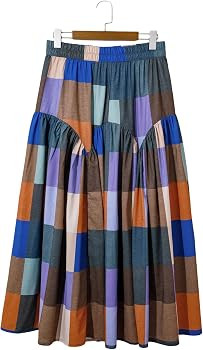 TinyCribz Women's Boho Ruched Plaid High Waist Floor Length Maxi Skirt | Amazon (US)