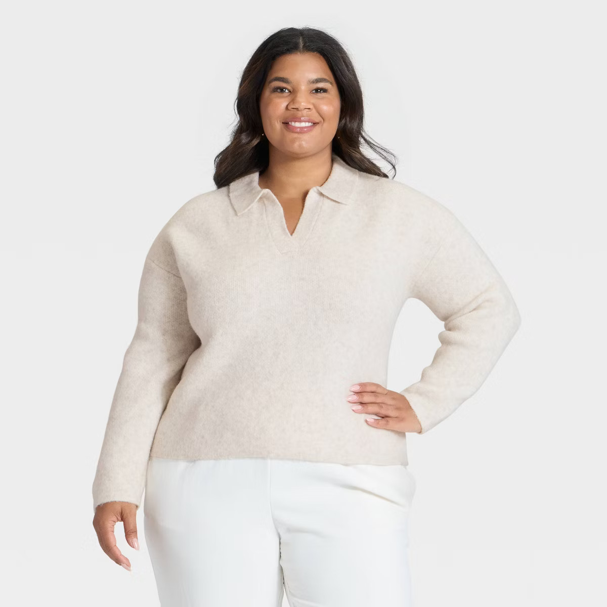 Women's Cozy Knit Polo - A New Day™ Oatmeal 2X | Target