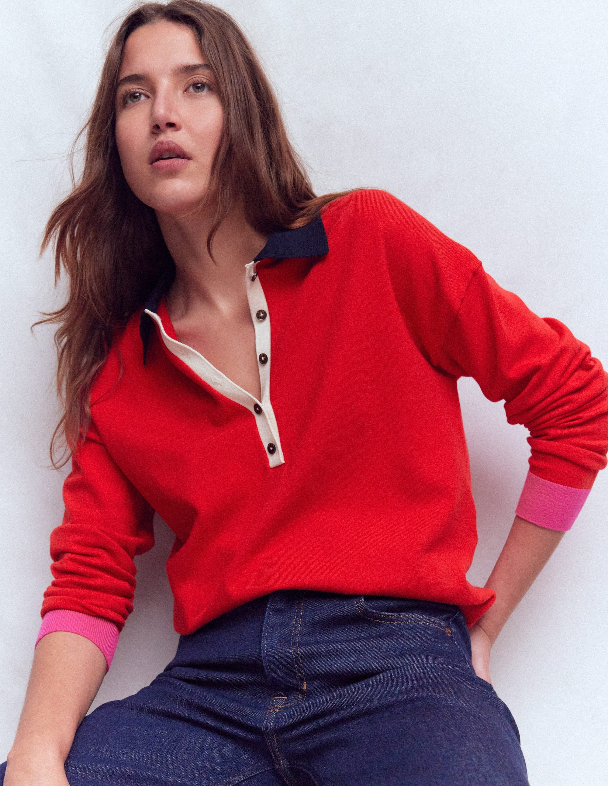Lara Cotton Henley Jumper-Red | Boden (US)