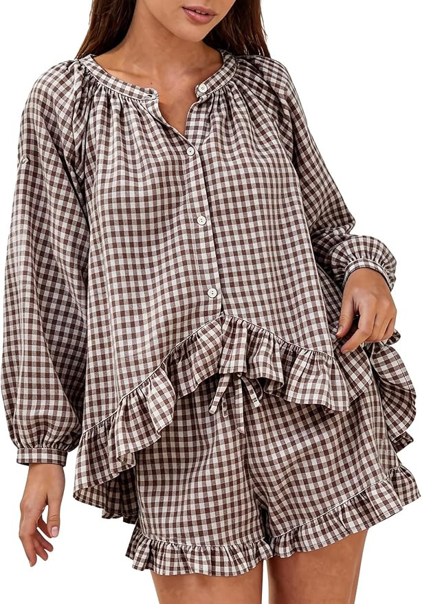 COZYPOIN Gingham Pajama Sets for Womens 2 Piece Cotton Pjs Plaid Ruffle Sleepwear Long Sleeve Top... | Amazon (US)