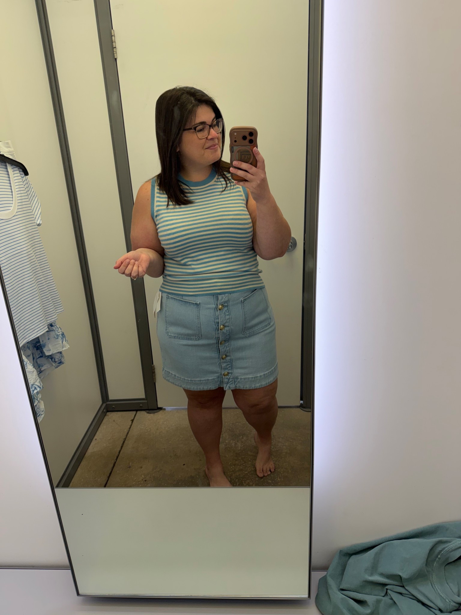 Walmart fitting room find 🩵
Top fits true to size and is so comfy + flattering.
Skirt is cute but I’d definitely size up for a better fit!
Size reference:
Large top, 14 on bottom 

#LTKootd #LTKMidsize
