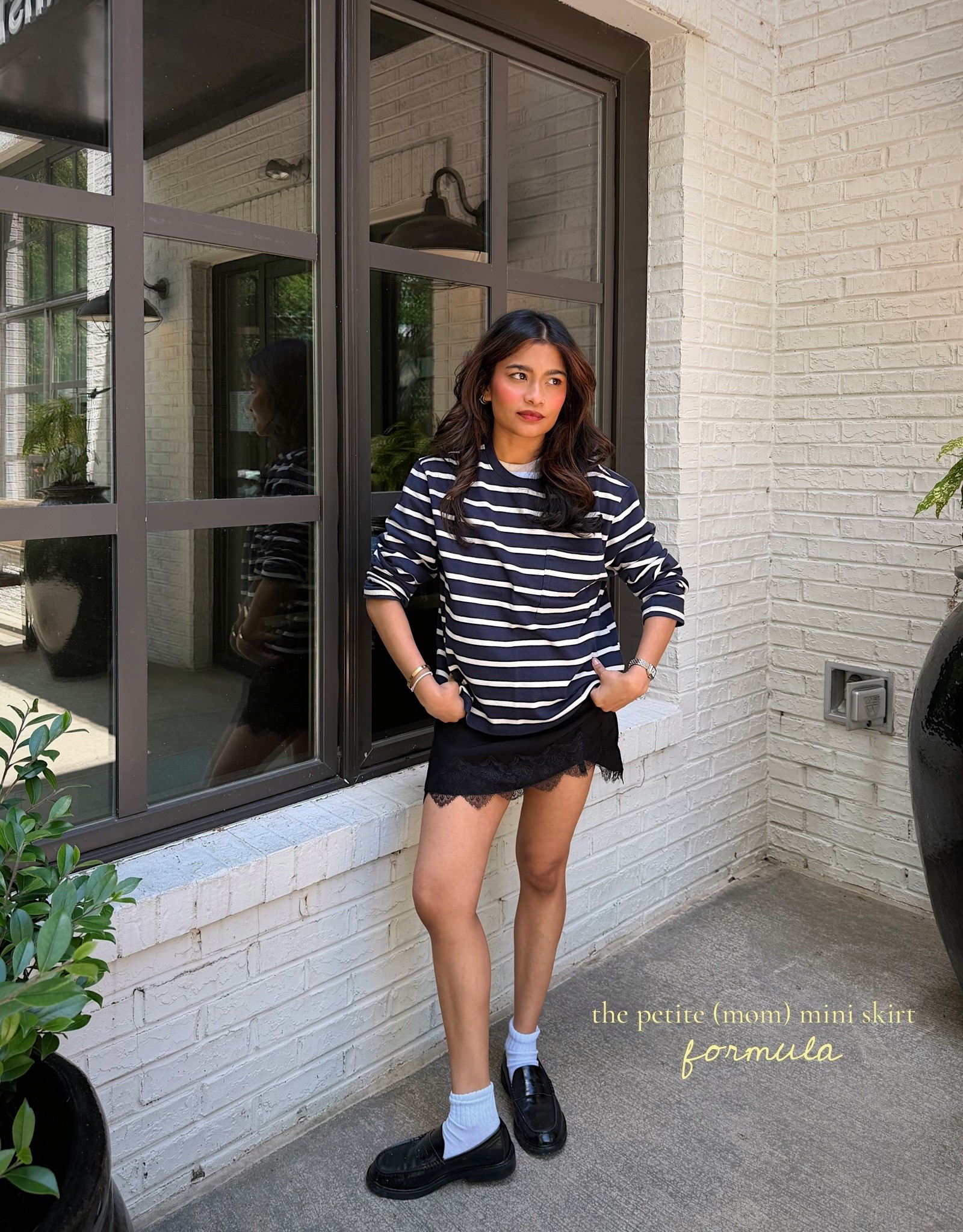 Petite friendly mini skirt outfit. Wearing:

S in striped tee 
US 2 in skirt (skirt does run small so I would’ve been better with US 4)

#LTKootd #LTKPetite #LTKmomlife