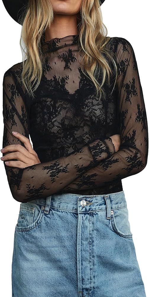 Women Sheer Mesh Long Sleeve Crop Tops Mock Neck Floral Lace Shirt Tops Sexy See Through Blouse T... | Amazon (US)