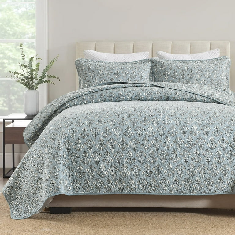 Bedduvit Dusty Blue Floral Quilt - 100% Organic Cotton King Size Quilt Set, Lightweight Quilted B... | Walmart (US)