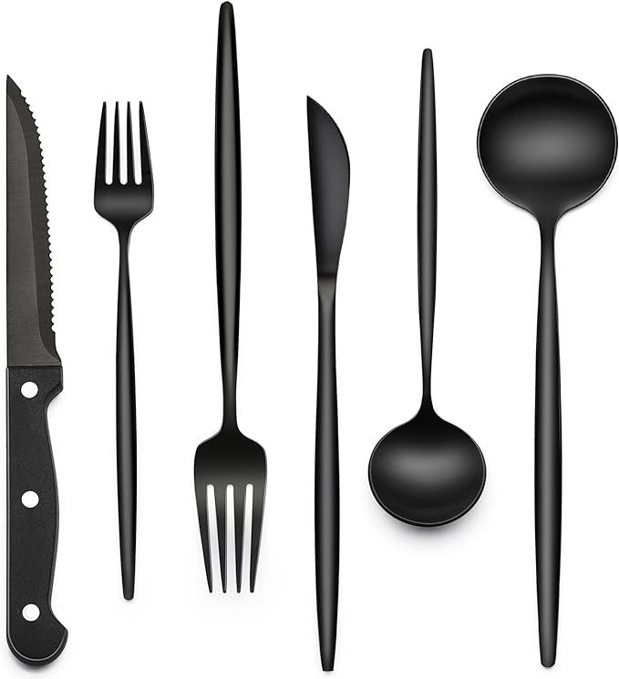 Black Silverware Set with Steak Knives, 24-Piece Stainless Steel Black Flatware Set for 4, Food-G... | Amazon (US)