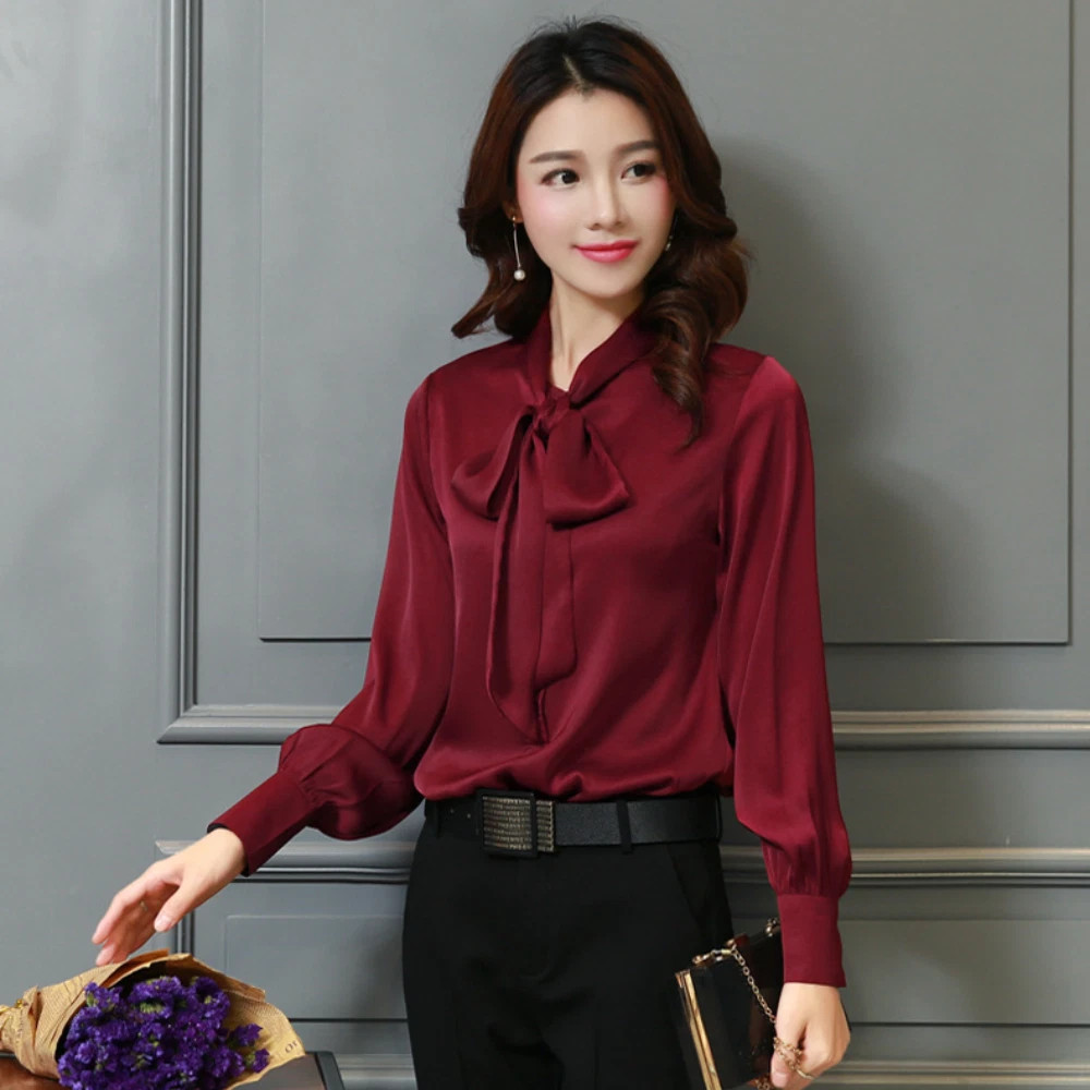 Lady Faux Silk Shirt Satin Korean Tops Bow Blouse Business Vintage Slim Fit Chic | eBay UK