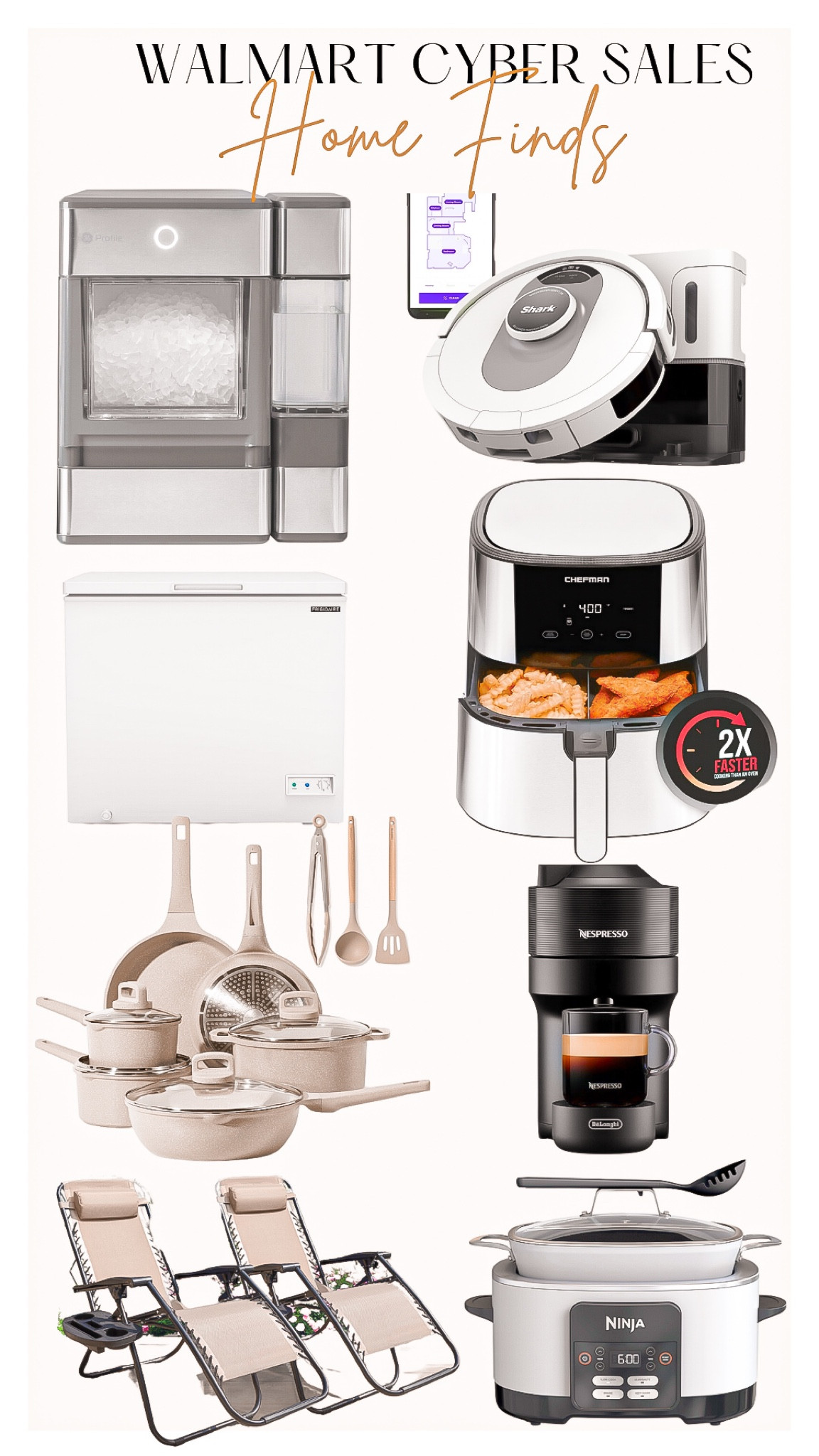 Walmart cyber sales 
HOME FINDS 🏡

Kitchen appliances, home finds, nugget ice maker, vacuum, shark vacuum, self empty vacuum, nespresso maker, kitchen cookware, coffee maker, air fryer , chest freezer, outside chairs, camping chairs, outside Lounge chair , zero gravity chair 

#LTKCyberWeek #LTKGiftGuide #LTKhome