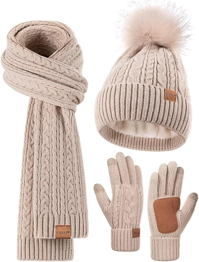 Winter Beanie Hat Scarf Gloves Set for Women, Pom Pom Beanie Fleece Lined Knit Neck Warmer Touchs... | Amazon (US)