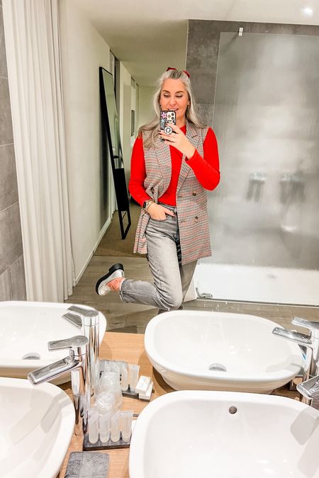 Ootd - Friday. Red longsleeve top (old, Zara) paired with a sleeveless plaid blazer (old) and grey Levi’s 501 jeans. Gucci socks and silver track sole loafers. 

#LTKover40 #LTKstyletip #LTKeurope