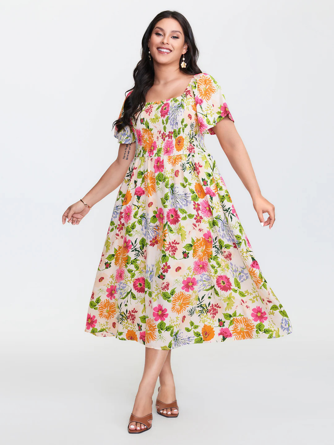 Floral Shirred Square Neck Pocket Midi Dress | Bloomchic