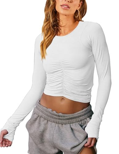 Vivitulip Women’s Long Sleeve Shirts Basic Fall Ruched Slim Fitted Crop Tops Tight Athletic Blouse with Thumb Holes White | Amazon (US)