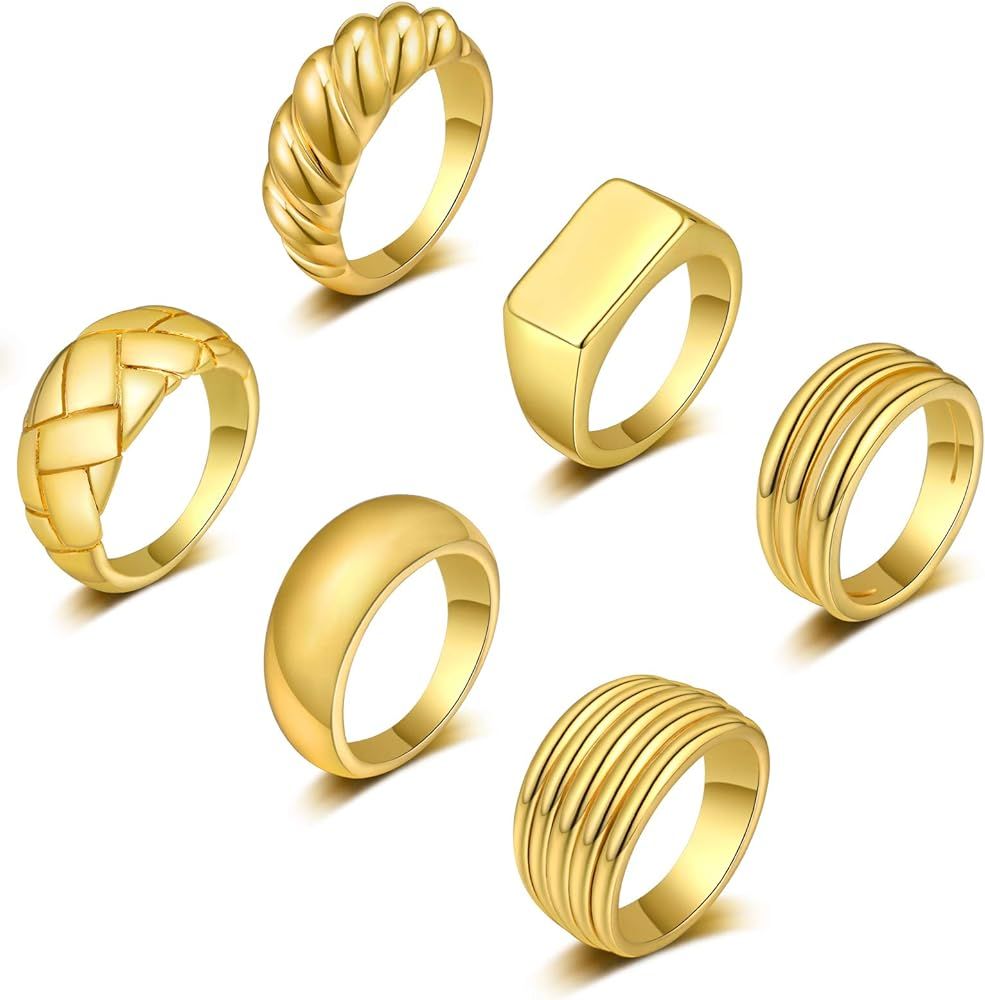 WFYOU 6PCS 18K Gold Plated Thick Dome Chunky Rings for Women Girls Braided Twisted Signet Chunky ... | Amazon (US)