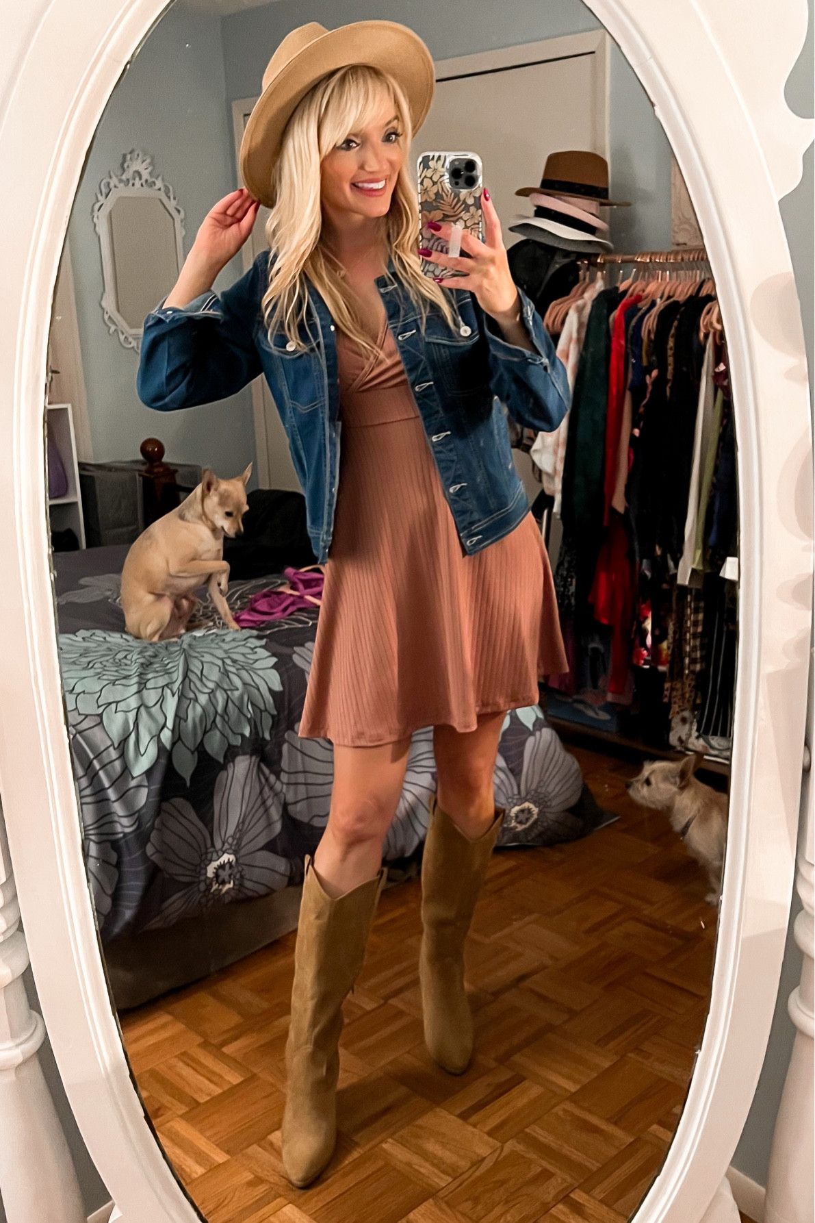 Styling this simple $15.99 dress for fall - fedora only $18 - denim jacket - jean jacket - JustFab knee high cowboy boots - fall boots - fall outfit ideas - fall styling - Amazon Fashion - Amazon deals - Amazon Finds 

#LTKSeasonal #LTKsalealert #LTKunder50
