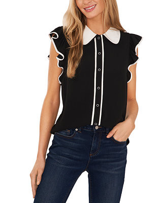 CeCe Women's Contrast Trimmed Flutter Sleeve Blouse - Macy's | Macy's