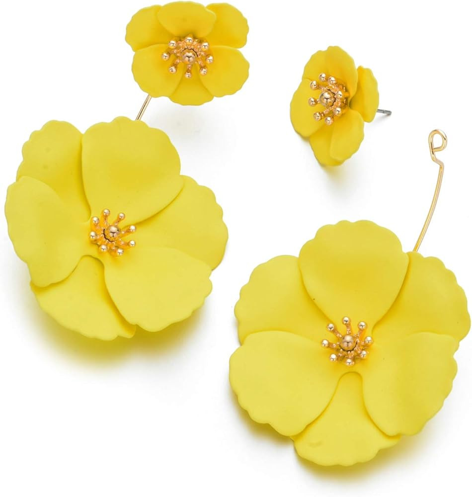 Metal Poppy Flower Dangle Earring- Matte Painted Dual Flower Floral Petal Tiered Drop for Women | Amazon (US)