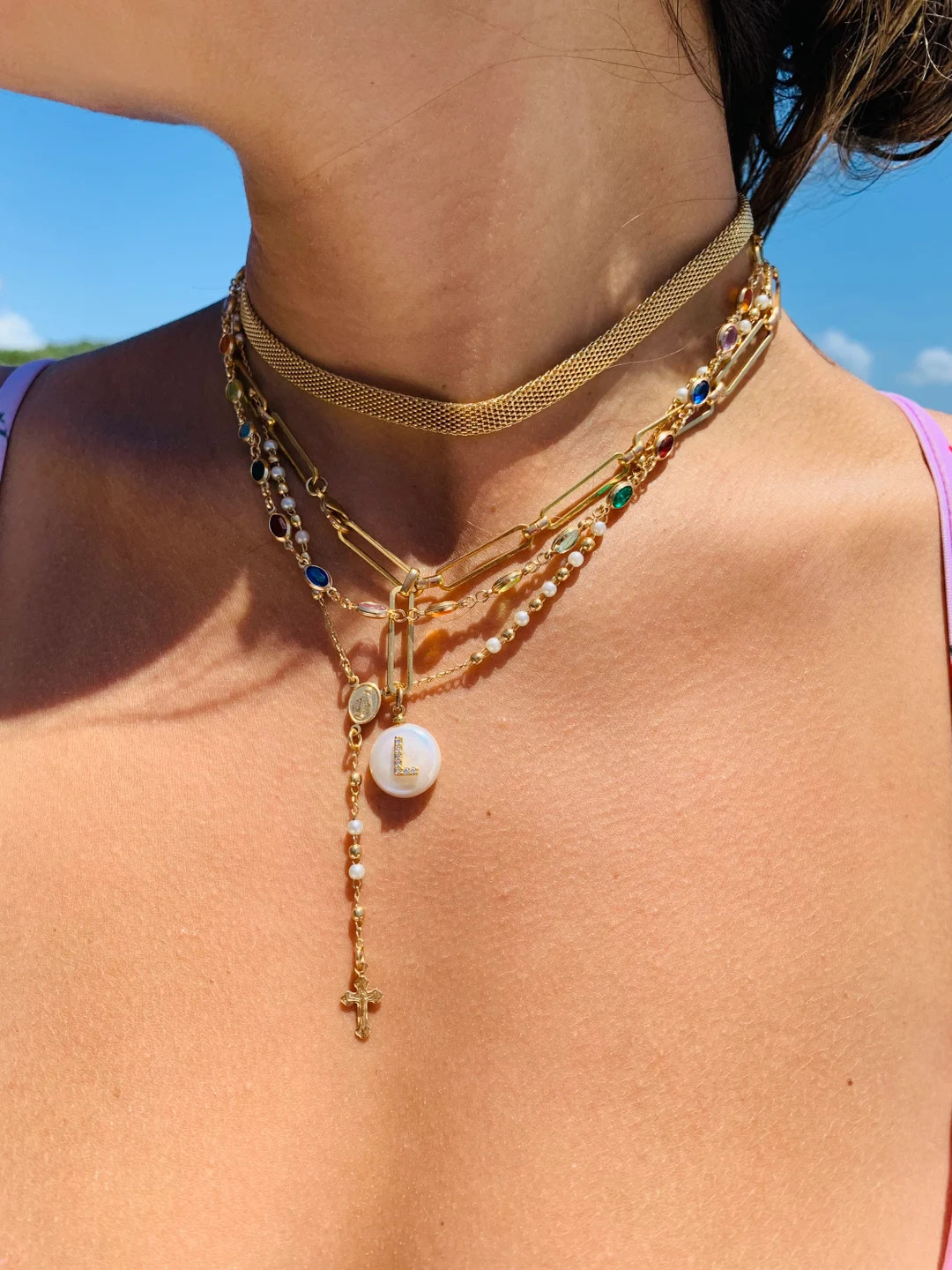 18K Gold Rosary Necklace, Ready to wear Necklace Set, Layered Necklaces, 6mm Mesh Chain, Gemstone... | Etsy (US)