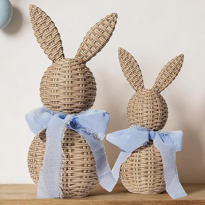 WDS WONDROUS Rattan Effect Resin Bunnies with Light Blue Bow 2-Pcs Large & Small, Easter Decorati... | Amazon (US)
