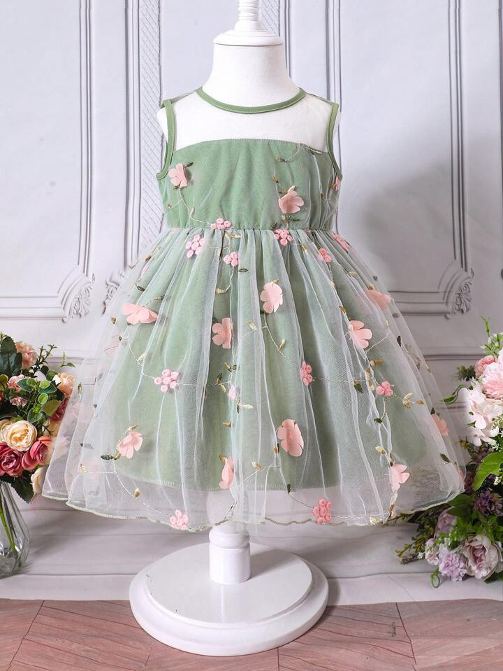 SHEIN Kids SUNSHNE Toddler Girls Floral Appliques Mesh Overlay Dress | SHEIN