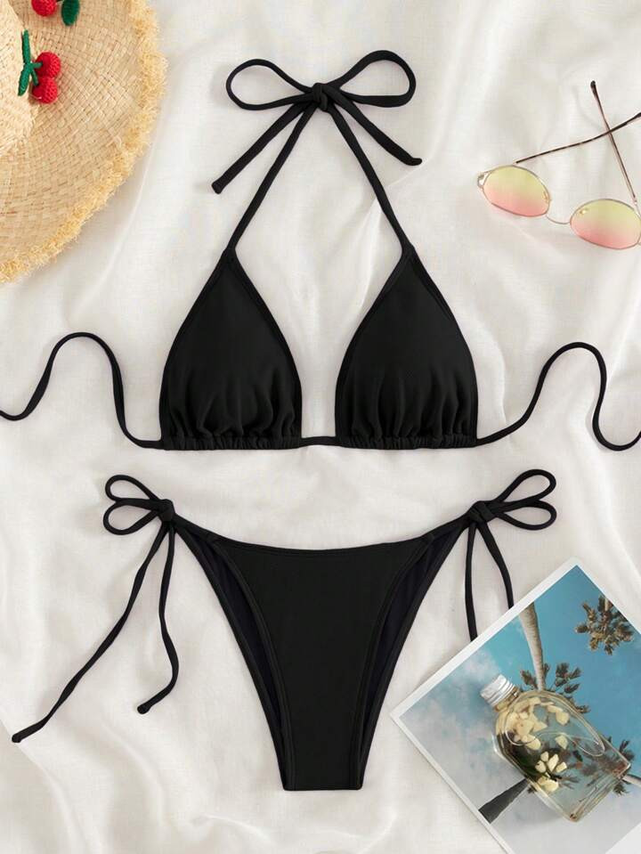 SHEIN Swim Basics Summer Beach Halter Triangle Tie Side Bikini Set | SHEIN