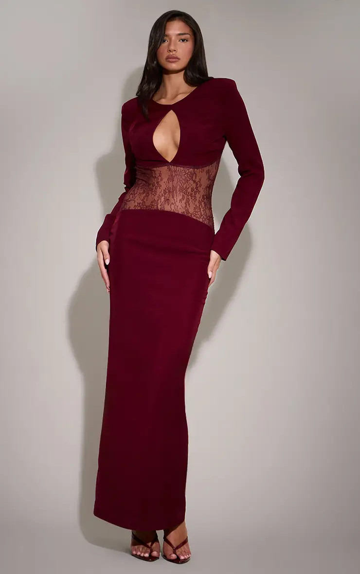 Burgandy Lace Cut Out Detail Maxi Dress | PrettyLittleThing US
