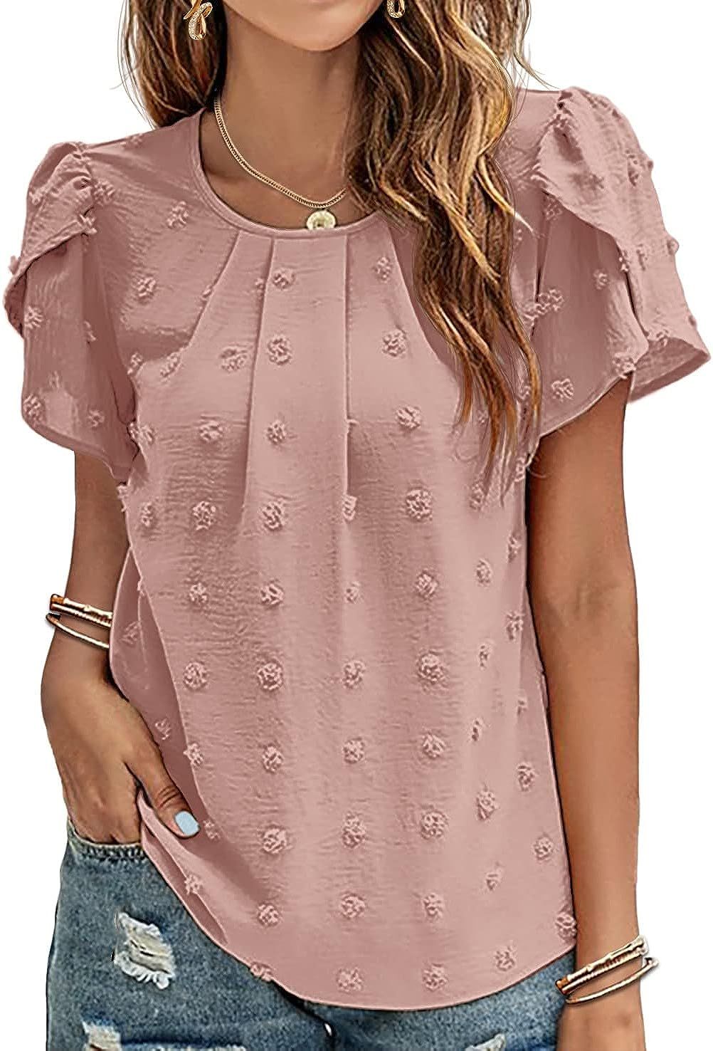 Hotouch Womens Chiffon Tops Casual Blouses Petal Sleeve Swiss Dot Pleated Round Neck Solid Cute T... | Amazon (US)