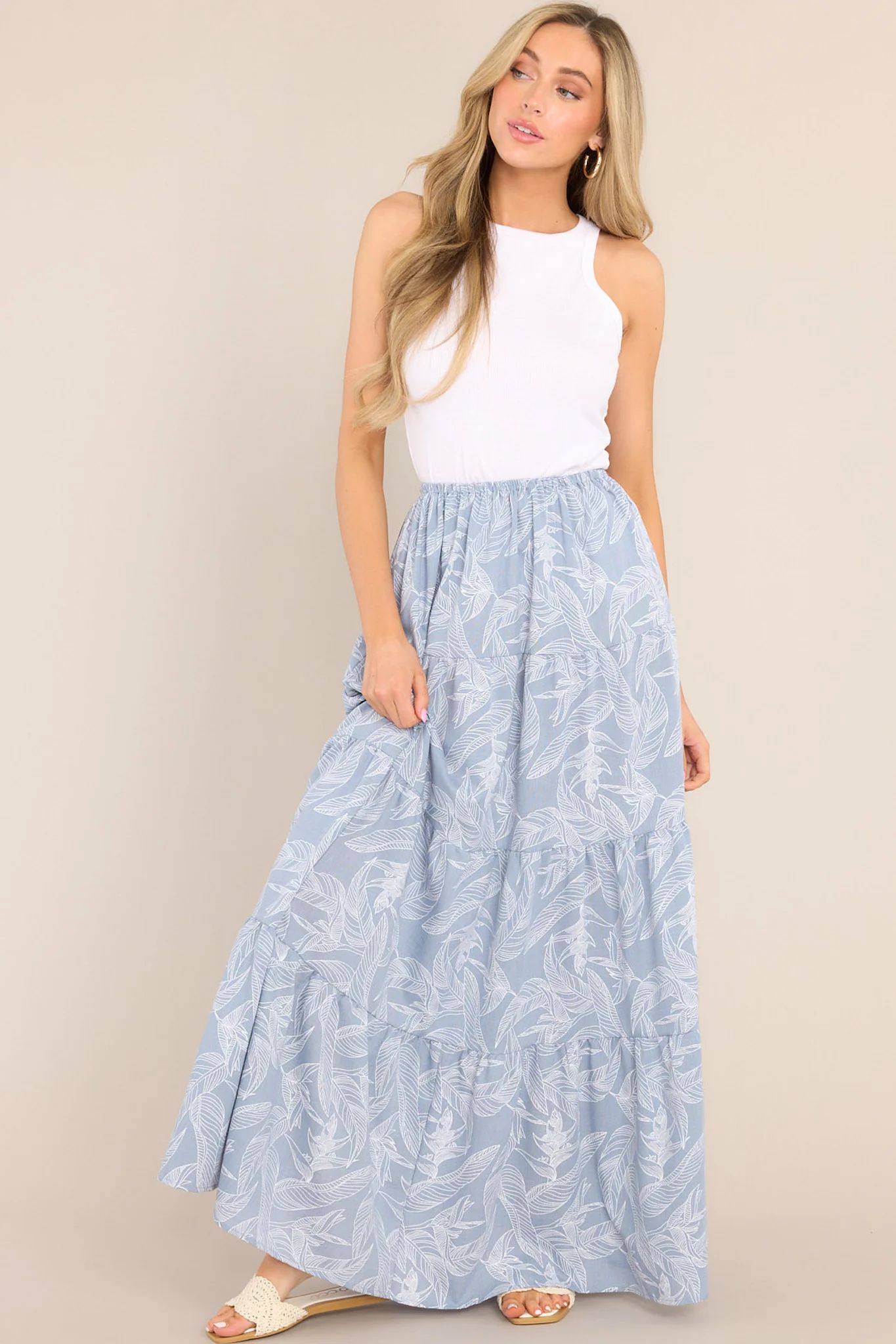 Staycation Ash Blue Tropical Print Maxi Skirt | Red Dress