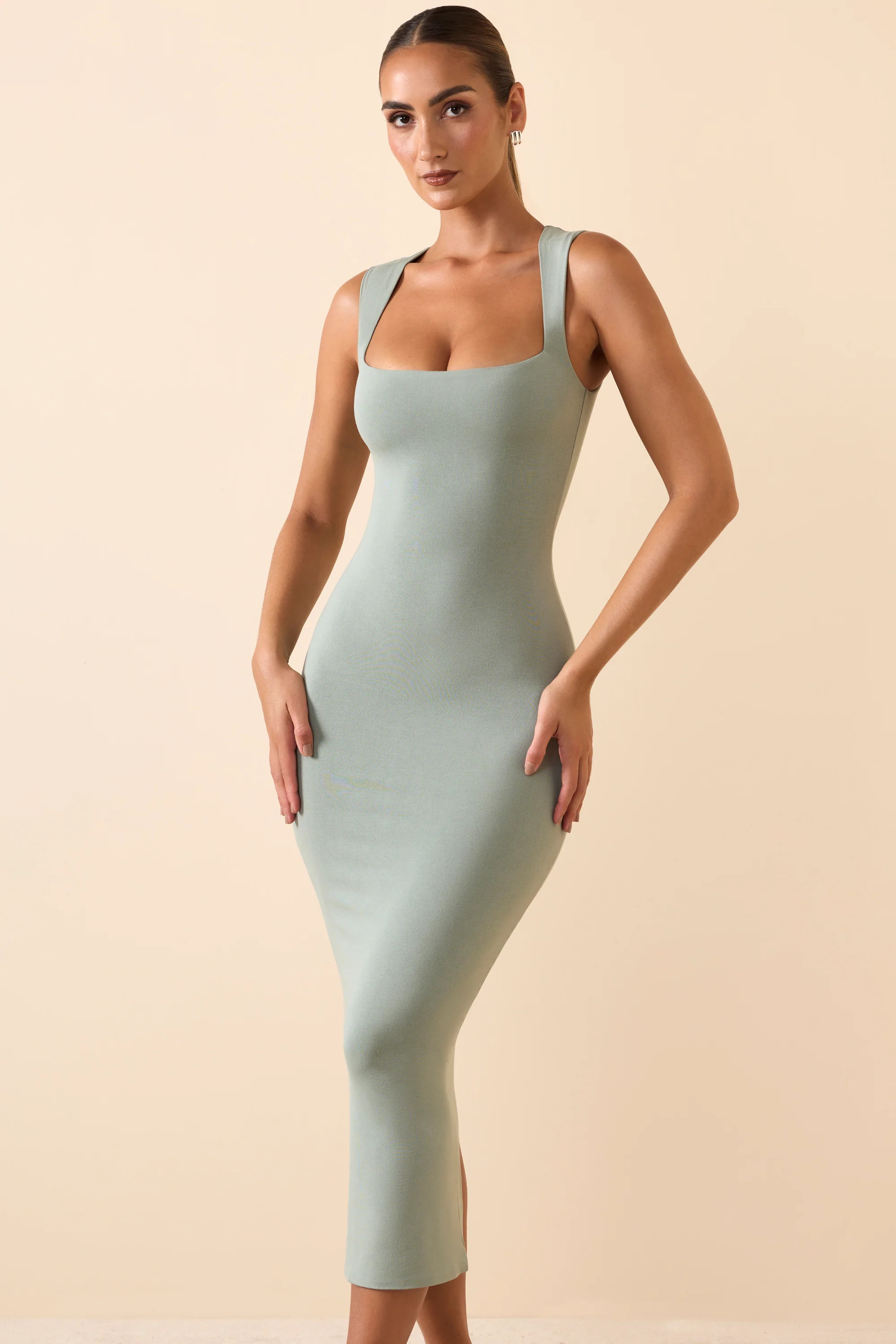 Modal Square-Neck Midi Dress in Smoke Green | Oh Polly