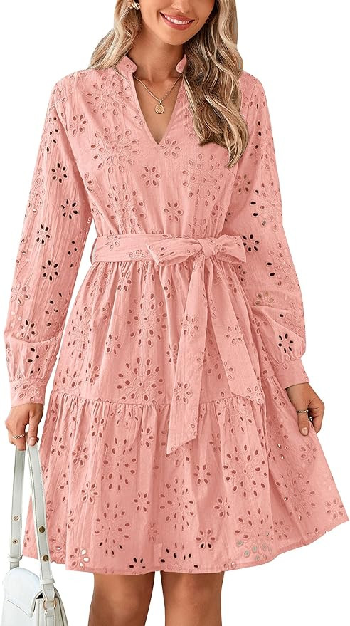 PRETTYGARDEN Women's Long Sleeve Spring Dress 2025 Casual Fall V Neck A Line Hollow Out Eyelet We... | Amazon (US)