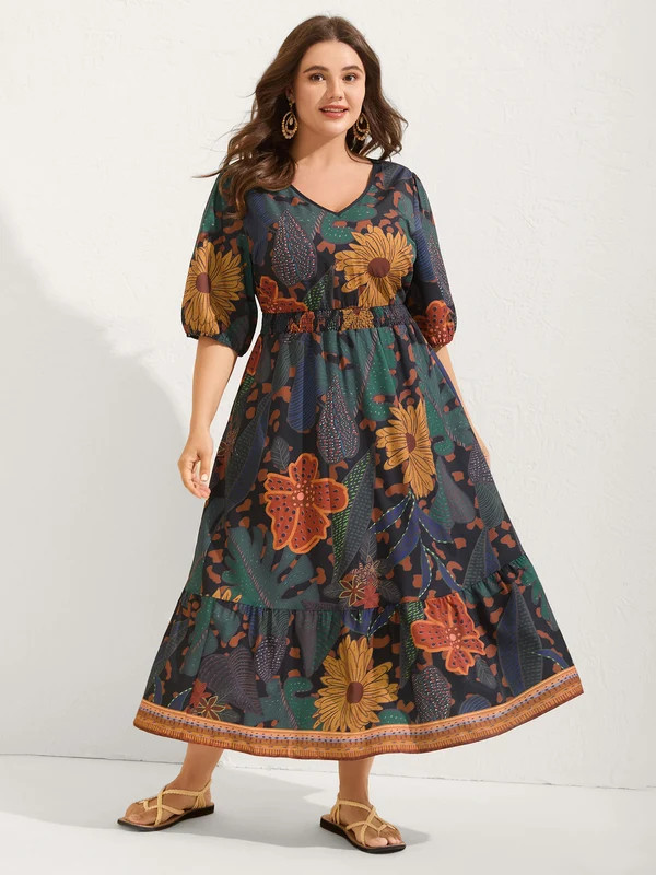 Floral Shirred Lantern Sleeve Midi Dress | Bloomchic